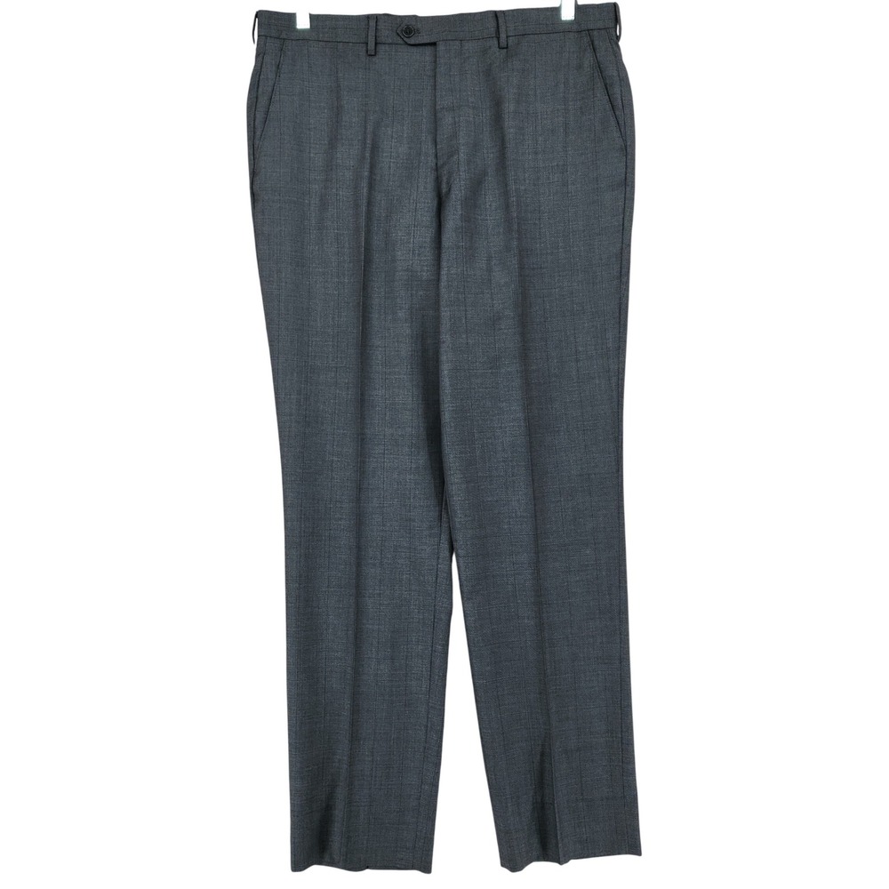 Jos A Bank Dress Pants 37x33 Mens Gray Windowpane Plaid Flat Front Wool Trousers